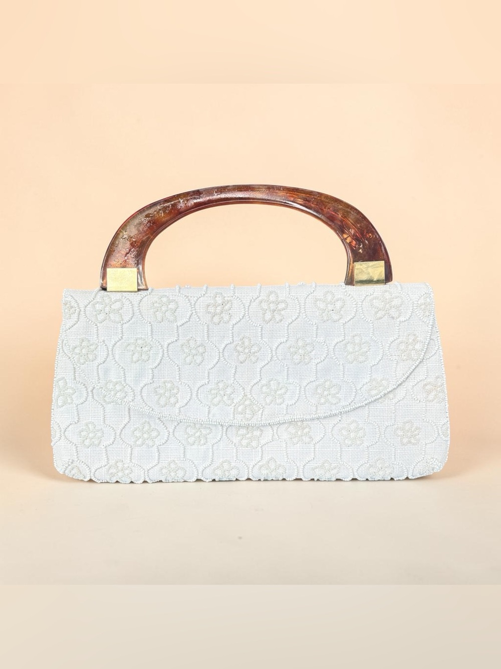 Ivory Floral Beaded Top-Handle Clutch with Tortoiseshell Accent